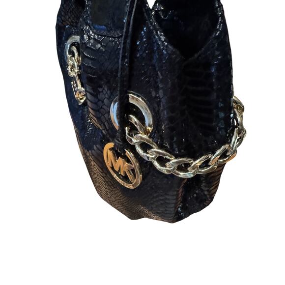 Michael Kors Snakeskin Patent Leather Shoulder Bag Black Gold Chain Glam595 - Picture 4 of 8